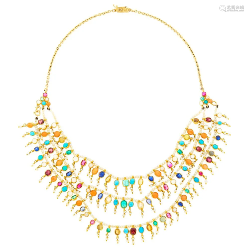 Gold, Seed Pearl and Gem-Set Swag Necklace