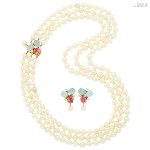 Triple Strand Cultured Pearl Necklace with Cabochon