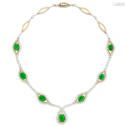 Two-Color Gold, Cabochon Emerald and Diamond Necklace