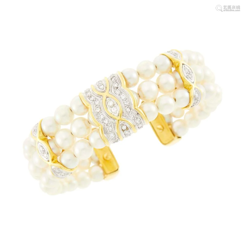 Two-Color Gold, Cultured Pearl and Diamond Cuff