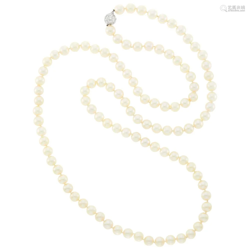 Long Cultured Pearl Necklace with Platinum and Diamond