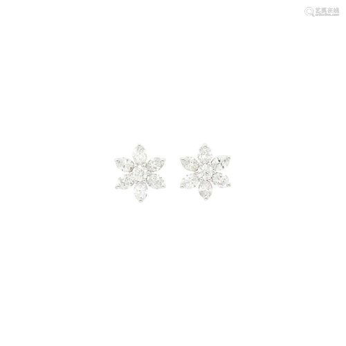 Pair of Platinum and Diamond Flower Earrings