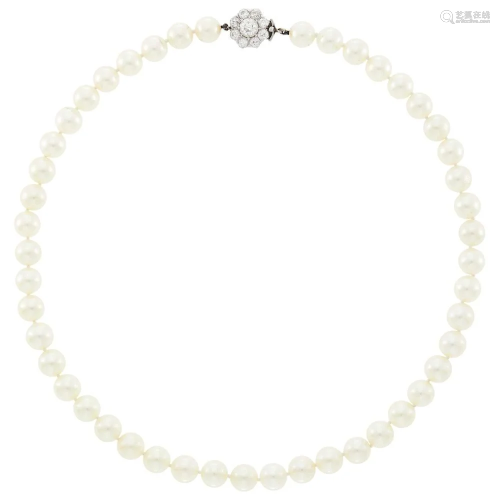 Cultured Pearl Necklace with Platinum and Diamond Clasp