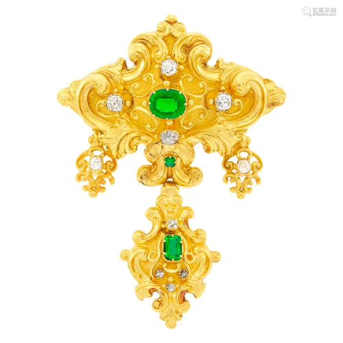 Antique Gold, Emerald and Diamond Brooch