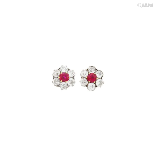 Pair of Gold, Platinum, Ruby and Diamond Earrings