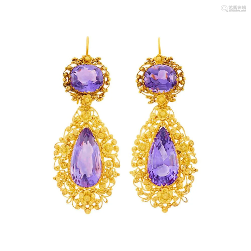 Pair of Antique Gold and Amethyst Pendant-Earrings