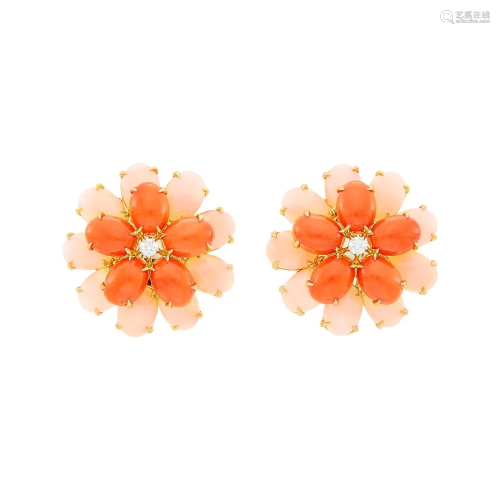 Pair of Gold, Bi-Color Coral and Diamond Flower