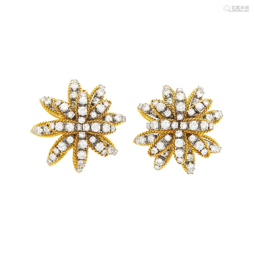 Pair of Gold, Platinum and Diamond Flower Earclips