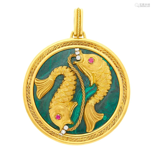 Gold, Malachite, Ruby and Diamond Pisces Pendant