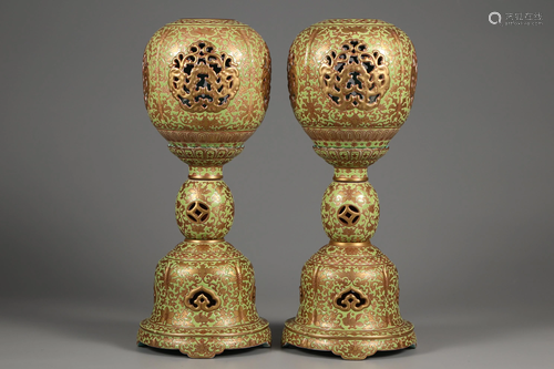 A Pair of Iron-Red Gold Decorated Palace Lamps