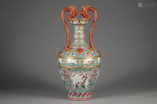 A Famille Rose 'Flowers and birds' Double Dragon Vase