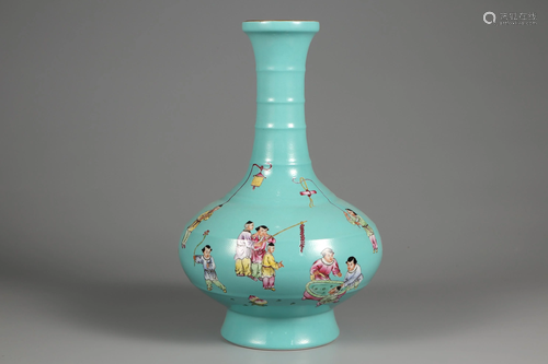 Blue Glaze Famille Rose 'Boy at Play' Vase