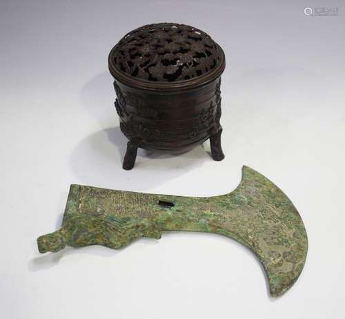 A Chinese archaistic green patinated bronze ceremonial axe h...