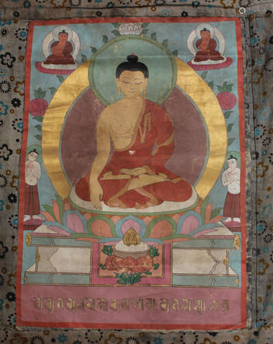 A Tibetan thangka, late Qing dynasty, painted and gilt with ...