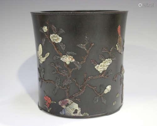 A Chinese inlaid hardwood brush pot (bidong), probably 20th ...