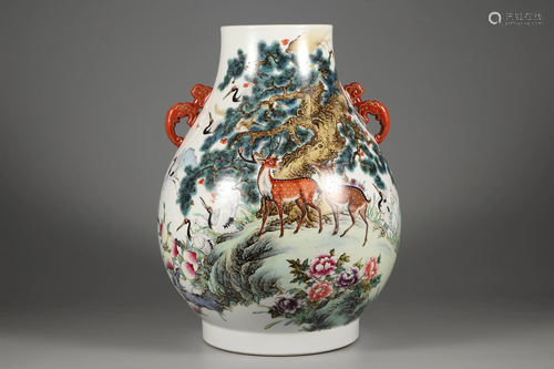 Famille Rose 'deer and crane' Vase