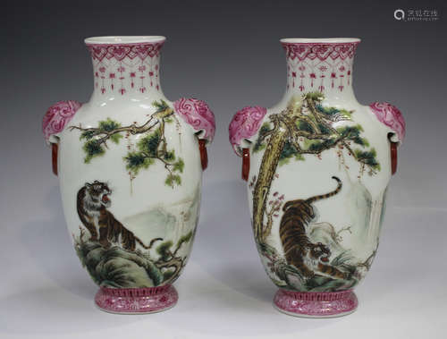 A pair of Chinese porcelain vases, mark of Qianlong but 20th...