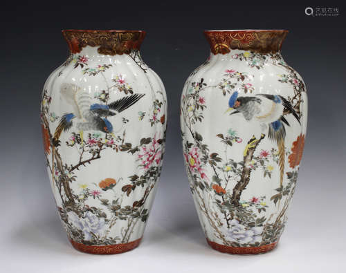 A pair of Japanese Kutani porcelain vases, Meiji period, eac...