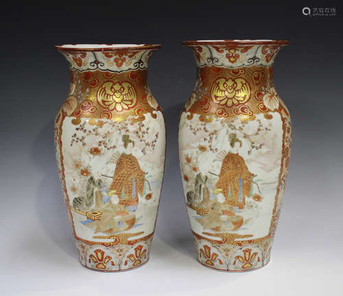 A pair of Japanese Kutani porcelain vases, Meiji period, eac...