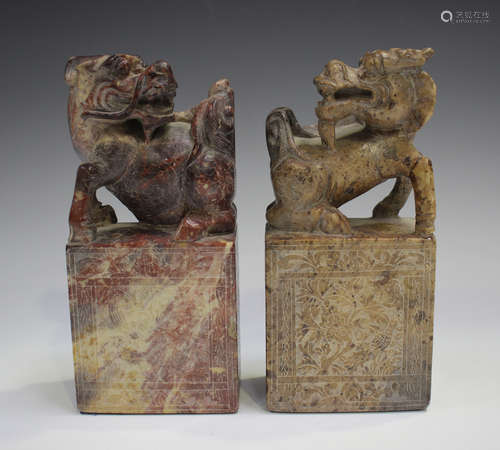 A pair of Chinese carved soapstone figures of kylin, early 2...