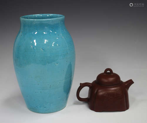 A Chinese Yixing stoneware teapot and cover, the body incise...