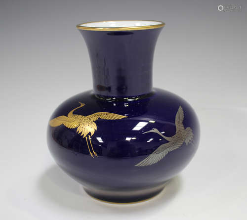 A Japanese Fukagawa Koransha dark blue glazed porcelain vase...