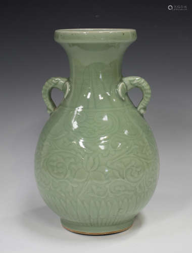 A Chinese celadon glazed hu shaped vase, mark of Yongzheng b...