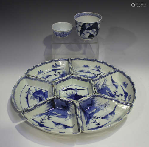 A Japanese Arita blue and white porcelain seven-piece supper...