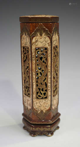 A Chinese faux bois porcelain cricket cage and cover, mark o...