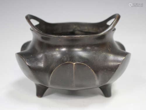 A Chinese brown patinated bronze censer, mark of Xuande but ...