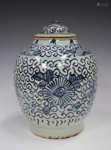 A Chinese Provincial blue and white porcelain jar and domed ...