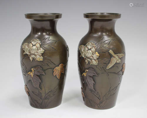 A pair of Japanese mixed metal and brown patinated bronze va...