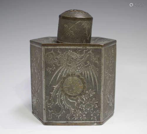 A Chinese pewter tea caddy and cover, late Qing dynasty, the...