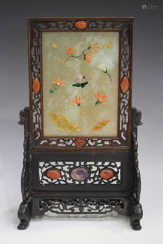 A Chinese hardwood and hardstone inlaid table screen and sta...