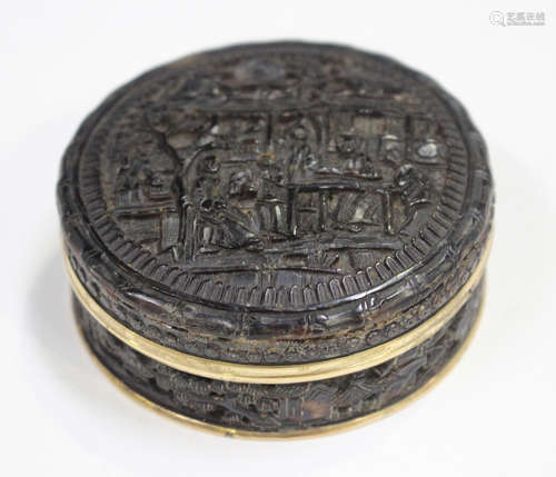 A Chinese Canton export tortoiseshell circular snuff box and...