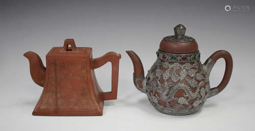 A Chinese pewter mounted Yixing stoneware teapot and cover, ...