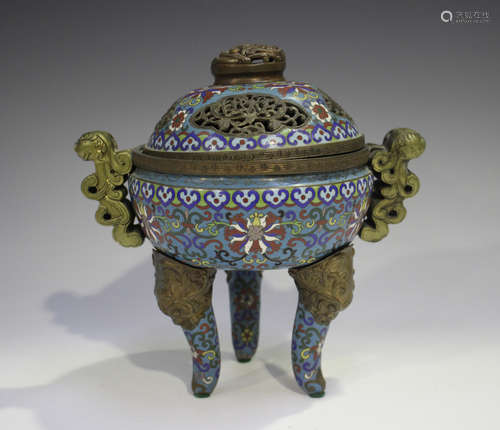 A Chinese gilt metal and cloisonné tripod censer, 20th centu...