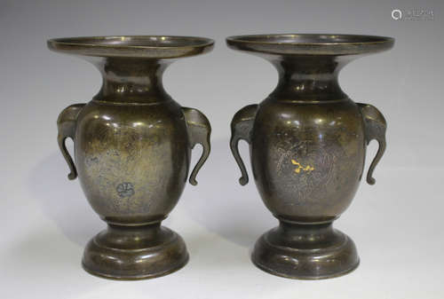 A pair of Japanese wire inlaid brown patinated bronze vases,...