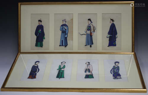 A set of eight Chinese Canton watercolour paintings on rice ...