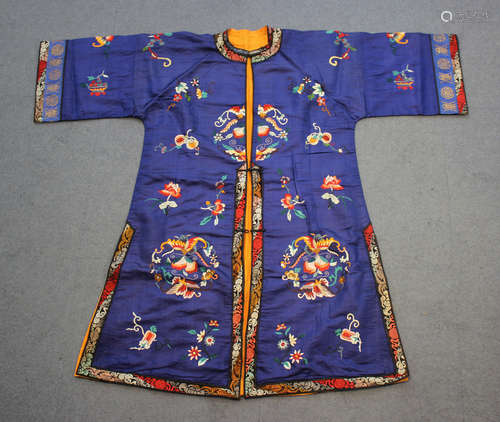 A Chinese blue silk embroidered jacket robe, 20th century, w...