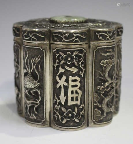 A Chinese silver and jade box and cover, early 20th century,...