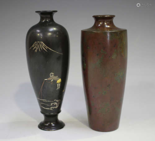 A Japanese mixed metal inlaid brown patinated bronze vase, M...