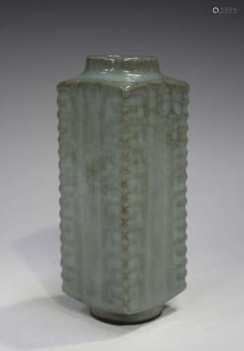 A Chinese stoneware archaistic Cong vase of typical square f...
