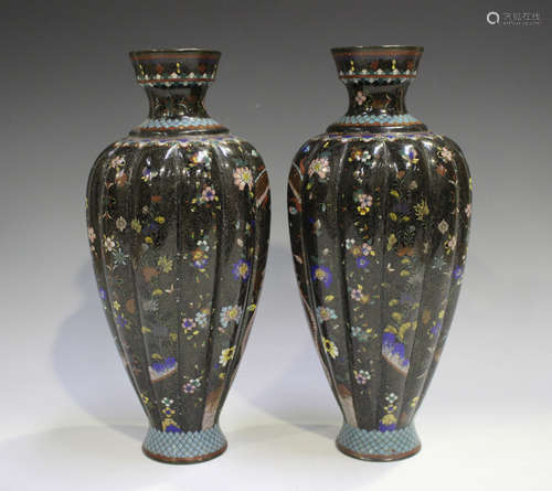 A pair of Japanese cloisonné vases, Meiji period, each lobed...