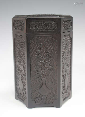 A Chinese hardwood hexagonal box and cover, 20th century, ea...