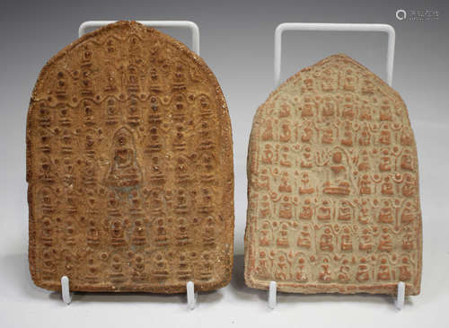 Two Thai red pottery votive plaques/tablets, each of arched ...