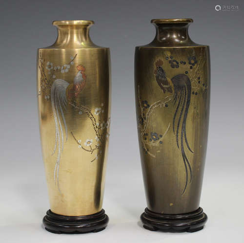 A pair of Japanese mixed metal inlaid bronze vases, Meiji pe...