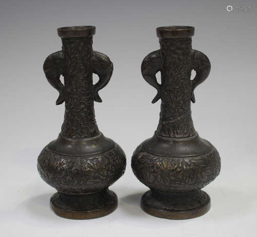 A pair of Chinese brown patinated bronze bottle vases, Qing ...