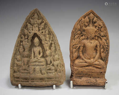 Two Thai pottery votive plaques/tablets, each moulded in rel...