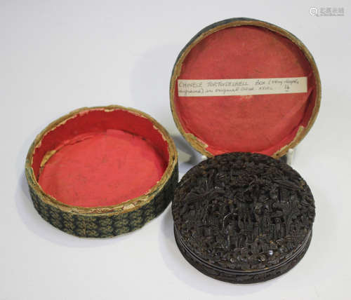 A Chinese Canton export tortoiseshell circular snuff box and...